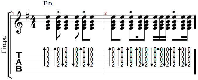 Guitar Strum Patterns No. 1 and 2 in sheet music and tablatures